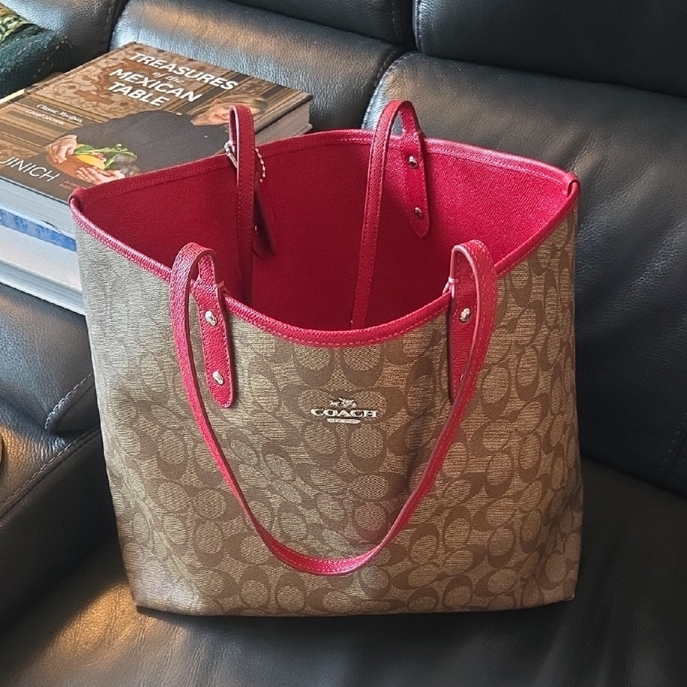 Coach Signature Brown Tote with Red Accents